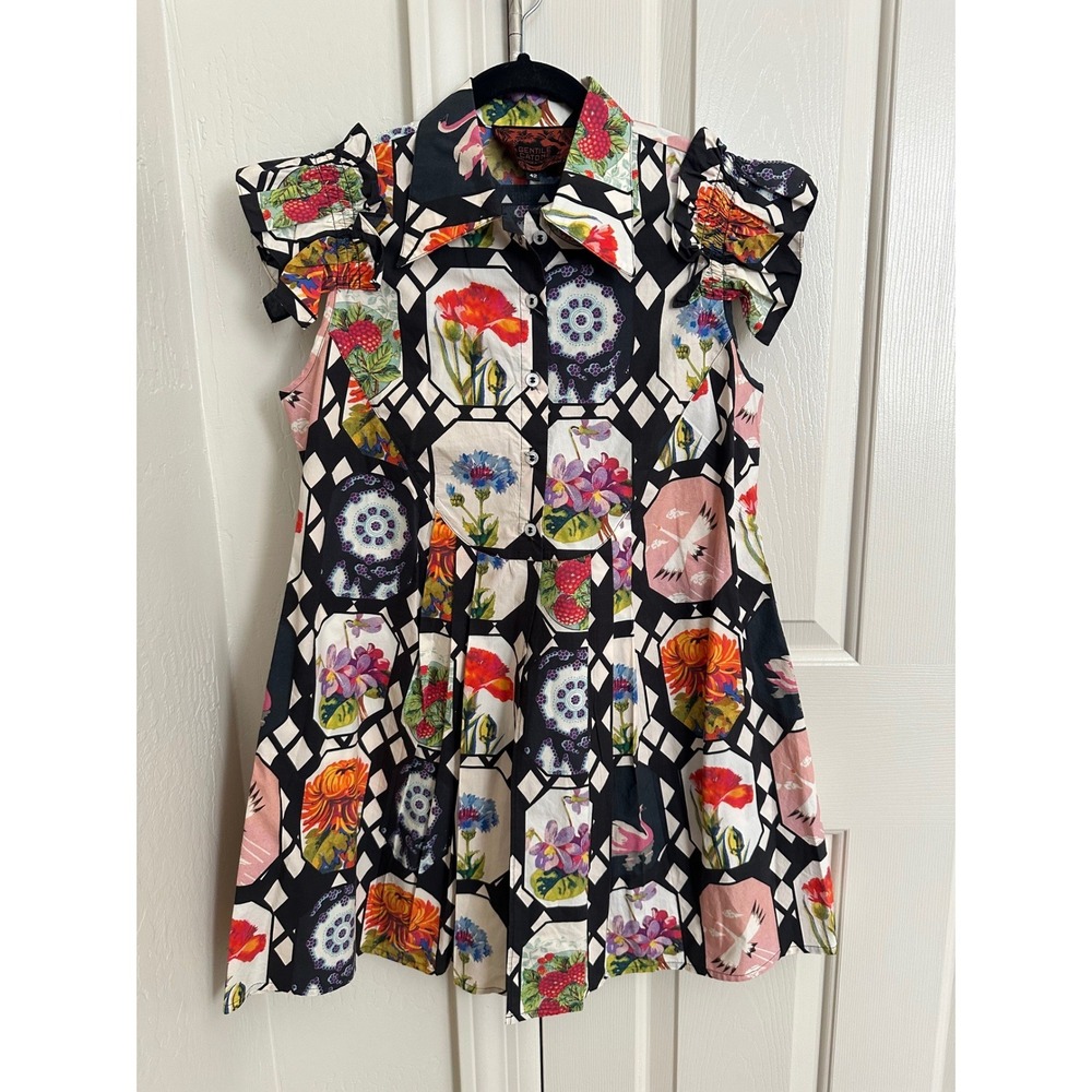 Gentle Catone Italy Floral Swan Geometric Print‎ Pleated Mini Dress IT 42 / US S